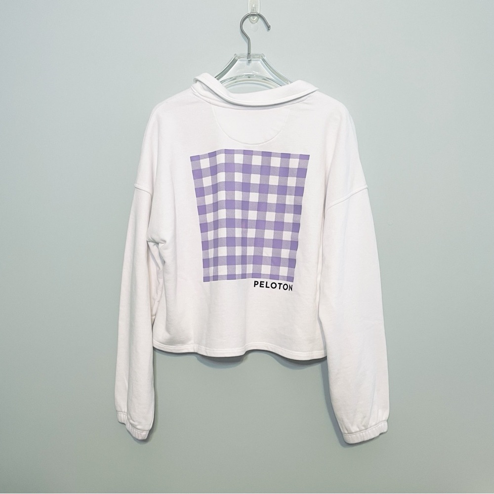 Peloton $68 Cropped Polo Sweatshirt White Purple Check Button Shirt Size Medium - Picture 4 of 8